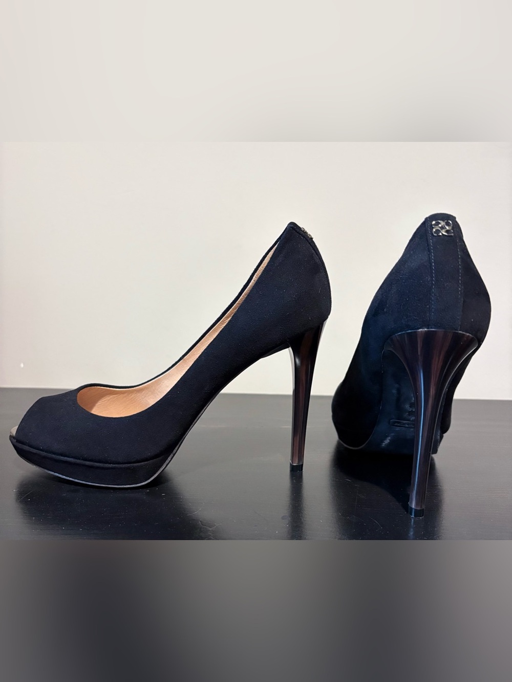 Coach Black Suede Peep-Toe Stiletto Pumps